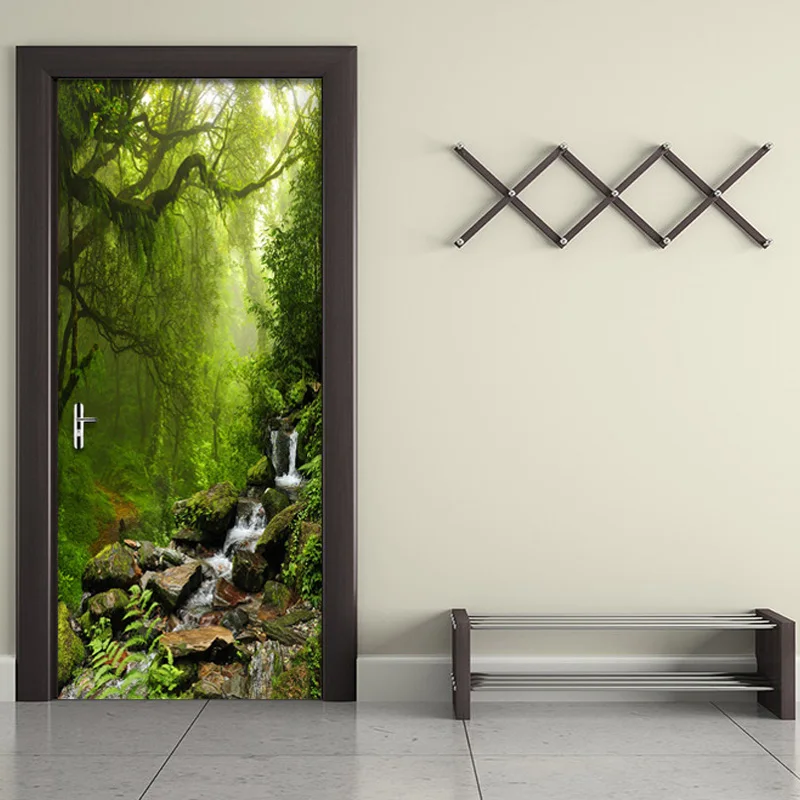 

PVC Self-Adhesive Waterproof Door Sticker 3D Forest Landscape Photo Wallpaper Living Room Bathroom Home Decor Wall Paper