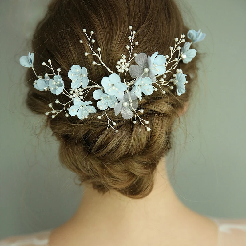 Jonnafe Light Blue Floral Hair Comb Wedding Accessories Pearls Bridal Hair Jewelry Handmade Women Ornaments