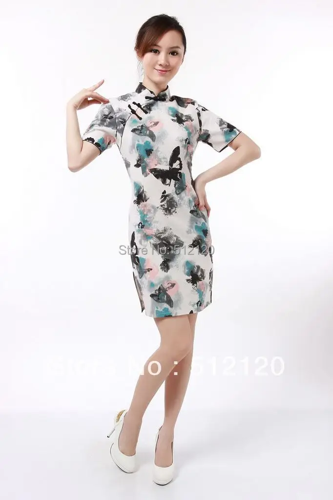 

Shanghai Story short cheongsam hot sale butterfly printed chinese dress china traditional dress linen dress Qipao for woman