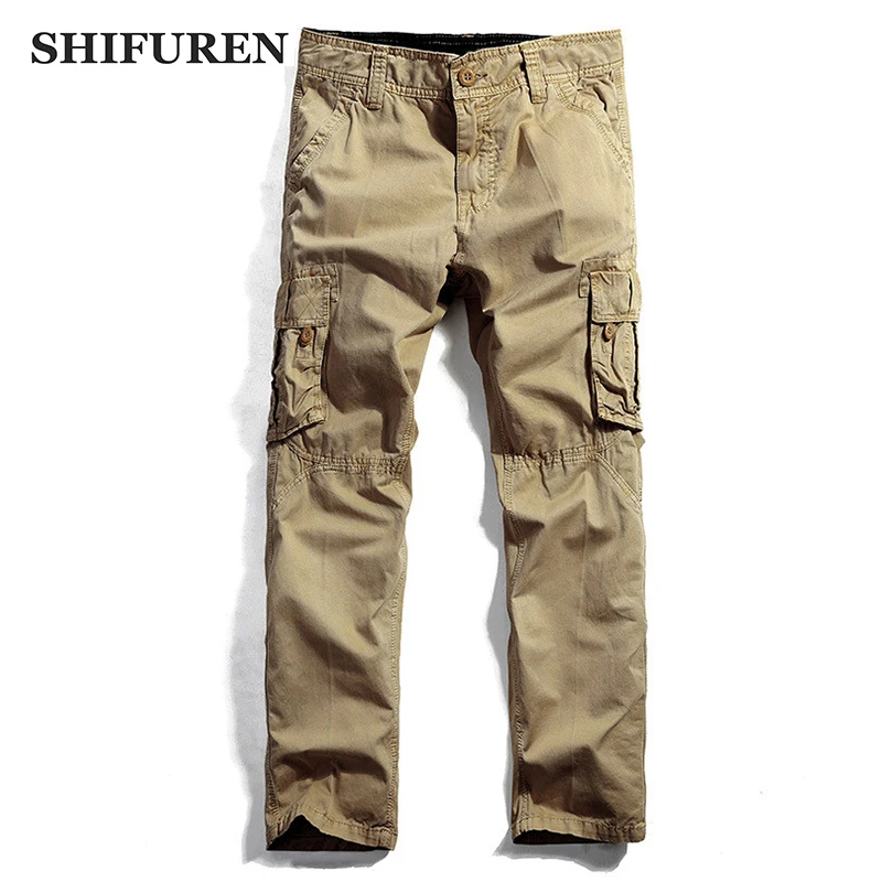 

Military Tactical Cargo Pants Men Causal Baggy Overalls Many Pockets Straight Cotton Long Trousers No Belt Khaki Armygreen Pants