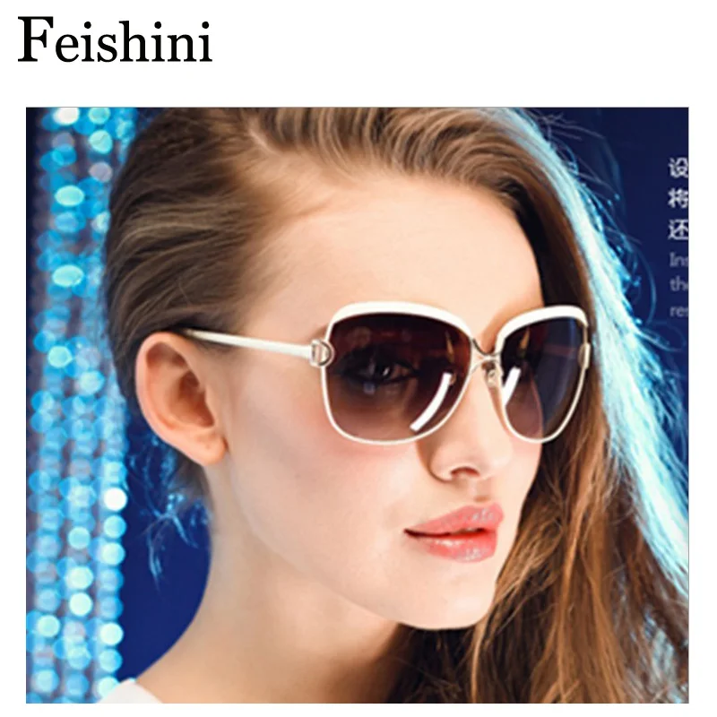 

FEISHINI White High Quality Fashion Driving Oculos De Sol Feminino Big Frame Metal Vintage Sunglasses Women Polarized Brand