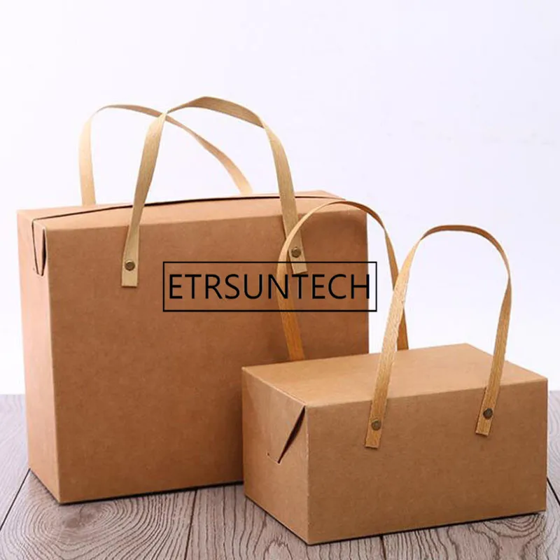 

50pcs Vintage Kraft Paper Gift Box Portable Handle Macaron Bakery Cake Boxes Food Packaging Box