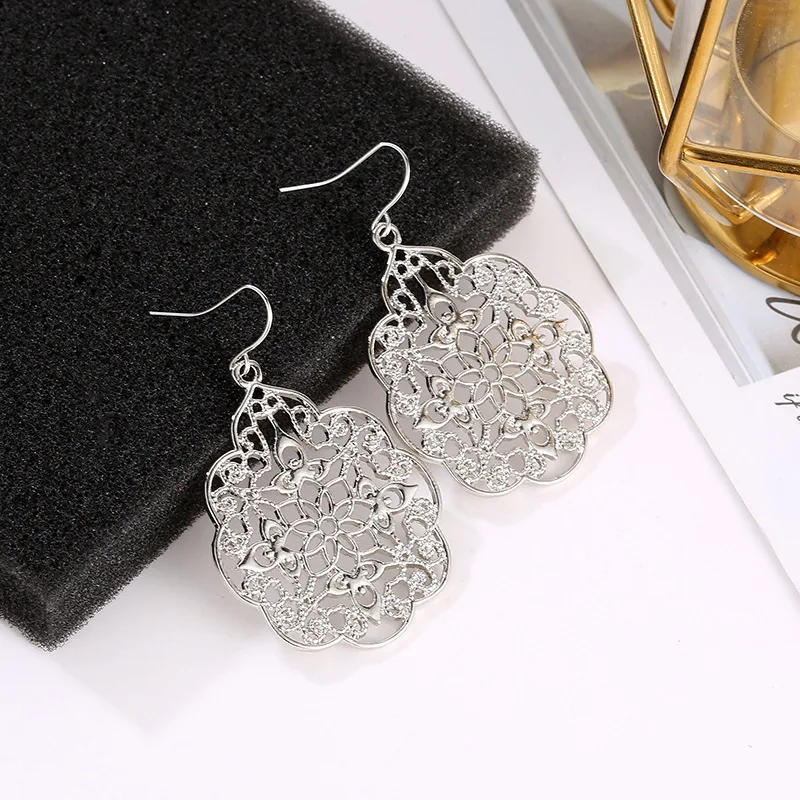 Vintage Aulic Style Oversize Hollow Arabesquitic Flower Boho Dangle Earrings Silver Plated Golden Black Drop Earrings For Women