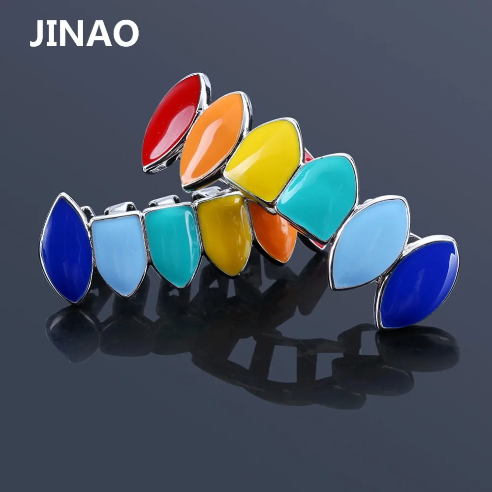 JINAO HipHop Rainbow Gold Silver color Teeth Grillz Top & Bottom Grills Dental Mouth Cosplay Party Tooth Punk Body Jewelry Gifts