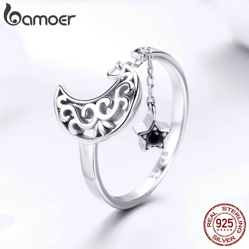 BAMOER-Bague en argent regardé 925 véritable pour femme, lune et étoile, longue JOStar, réglable, bijoux SCRicer
