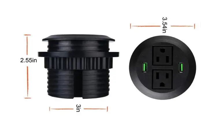 3 inch Desk Power Grommet, USB Grommet with Green Port, Desk Hole Round Grommet Outlets with 2 AC Outlets and 2 USB Ports 6.5FT