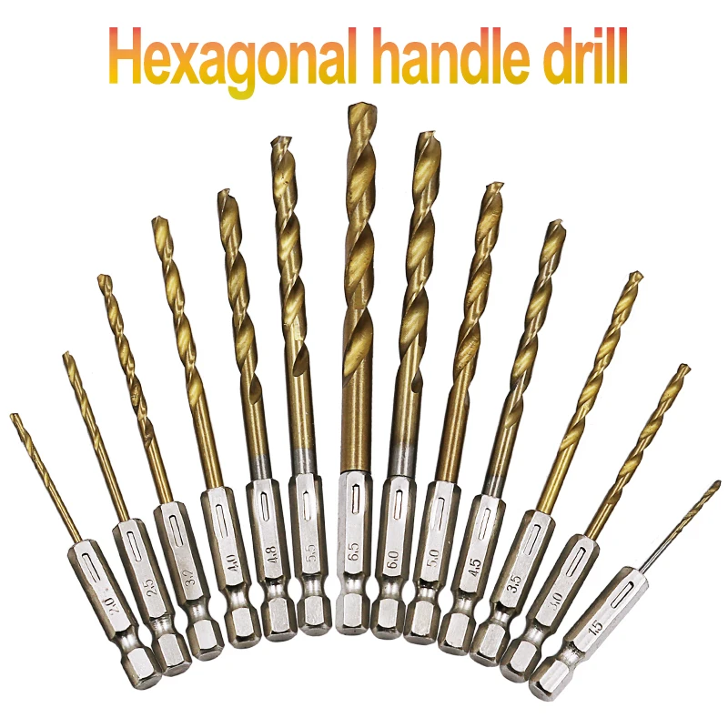 13pcs/lot HSS High Speed Steel Titanium Coated Drill Bit Set 1/4 Hex Shank 1.5-6.5mm