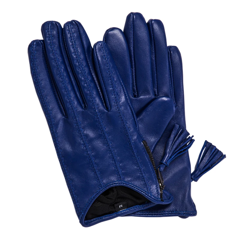 Guantes de cuero genuino con borlas y cremallera para mujer, estilo corto, de terciopelo fino, forrado, de piel de oveja, para conducir, otoño e