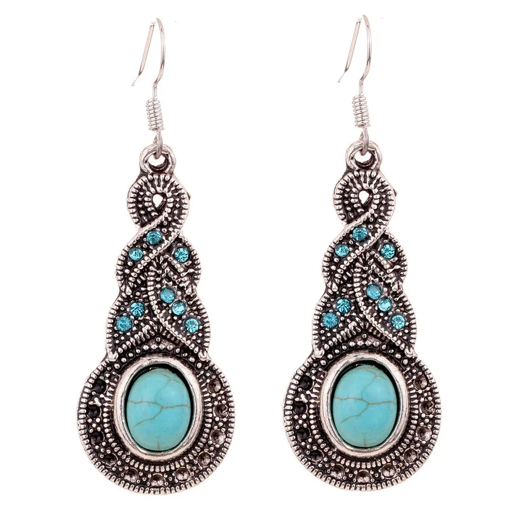 Vintage Antique Silver Color Cute Gourd Blue Natural Stone Earrings for Women Retro Unqiue Design Drop Earrings Jewelry