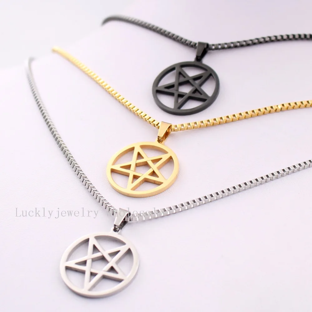 18''-30'' Unisex hip-Hop 2.4mm Square Box Chain Stainless Steel Wiccan Pagan Wicca Inverted Pentagram religion Pendant necklace