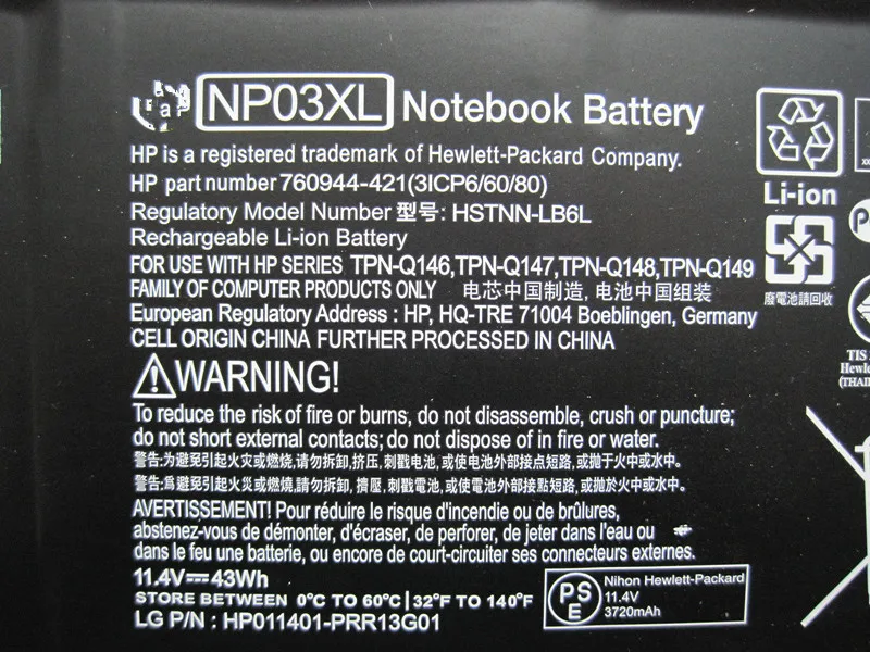 Original Laptop Battery NP03XL For  X360 13-A010DX HSTNN-LB6L 760944-421 TPN-Q146 TPN-Q147 TPN-Q148 43Wh