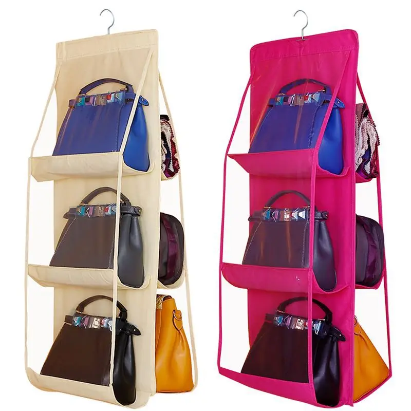 Hanging Storage Bag with 6 Pockets, Cosmetics Organizer, Hanging Purse, Handbag Tote, Closet Rack Hangers