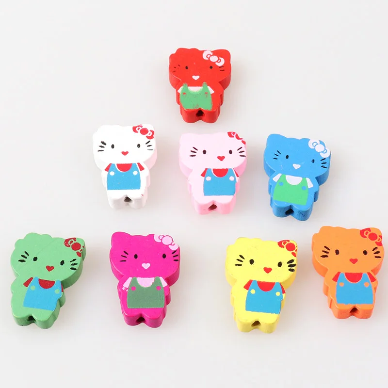 Wooden Cute Cartoon Hello Cat Spacer Beads For Jewelry Making DIY 23x18mm 20pcs Mixed