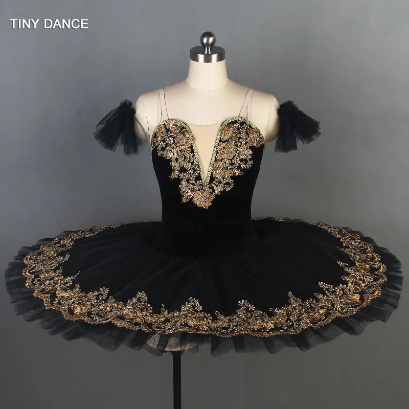 

Black Professional Ballet Dance Costume Solo Tutu Dress Stretch Velvet Bodice with 7 Layers of Pancake Tutu Skirts BLL089