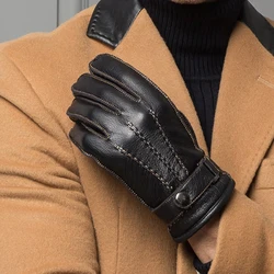 Male Leather Gloves High Quality Men Short Classic Design Black Gym Luvas Car Driving Gloves For Winter Man Velvet Warm Mittens