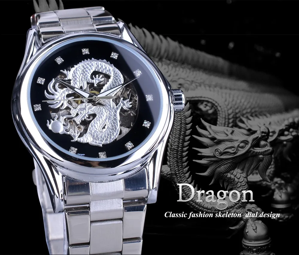 Forsining Classic Dragon Ontwerp Zilveren Roestvrij Staal Diamant Display Mannen Automatische Horloges Top Merk Luxe Montre Homme