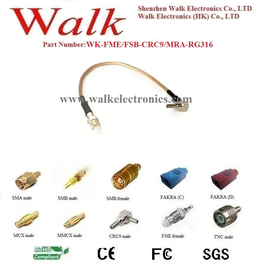 

FME antenna interface cable, 3G 4G LTE antenna jumper: FME female straight to CRC9 male right angle with RG316 cable