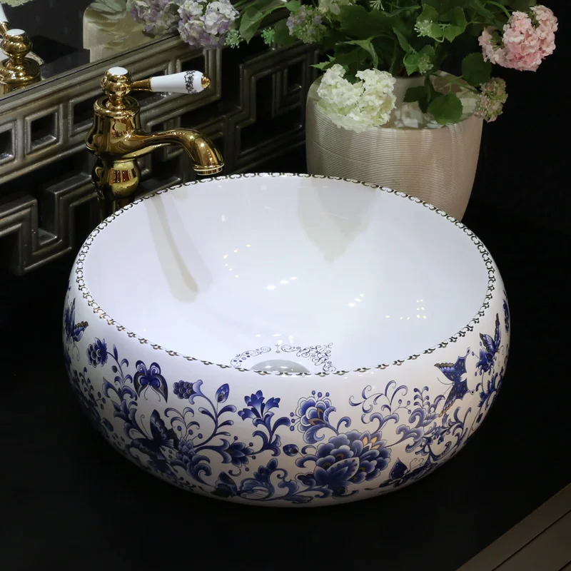 

Blue and white Handmade Europe Vintage Style Lavobo Ceramic Bathroom Countertop Bathroom Sink bathroom sinks decorated