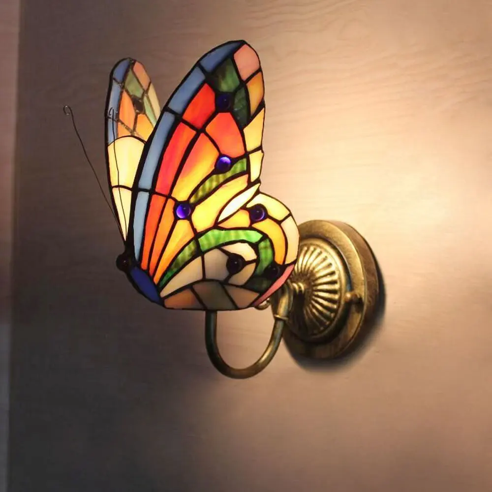 

Tiffany Corridor Wall Light Glass Butterfly Club Alloy Bronze Arms Bedroom Bedsides Stair Case Wall Sconce Villa Balcony lamps