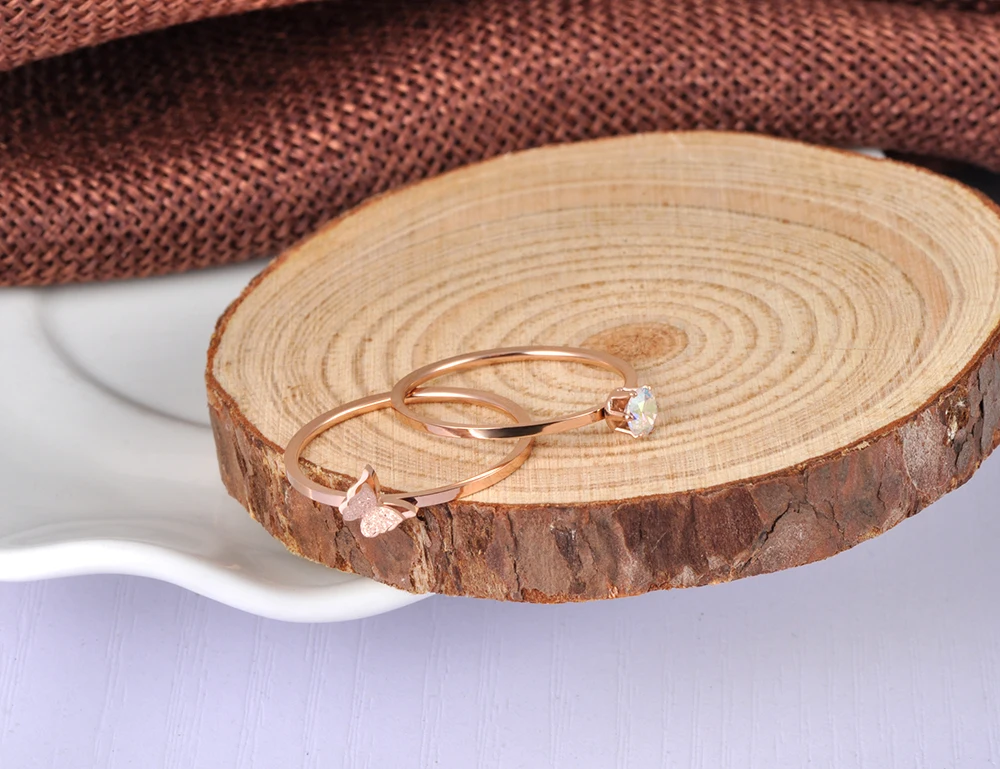 JeeMango الفولاذ المقاوم للصدأ 2 في 1 خواتم Buttfly الملونة الزركون حلقة لطيف روز الذهب اللون مجوهرات ل عيد الحب هدية JR18141