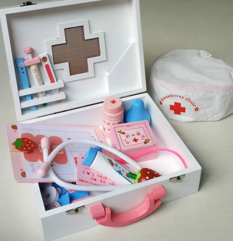 Estilo japonês Morango Crianças De Madeira Simulado Médico e Enfermeiros Medical Box Toys