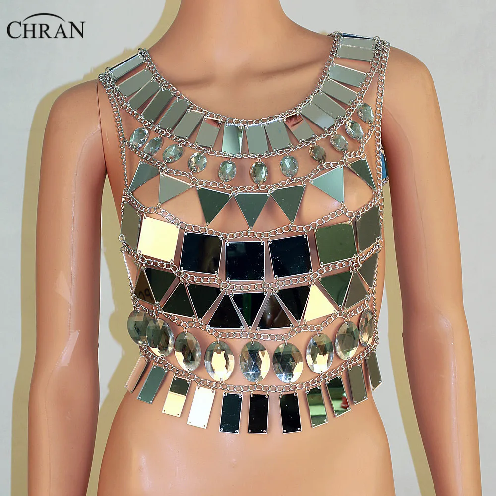 Chran Mirror Perspex Crop Top Chain mail Bra Halter Necklace Body Lingerie Metallic Bikini Jewelry Burning Man EDM Accessories