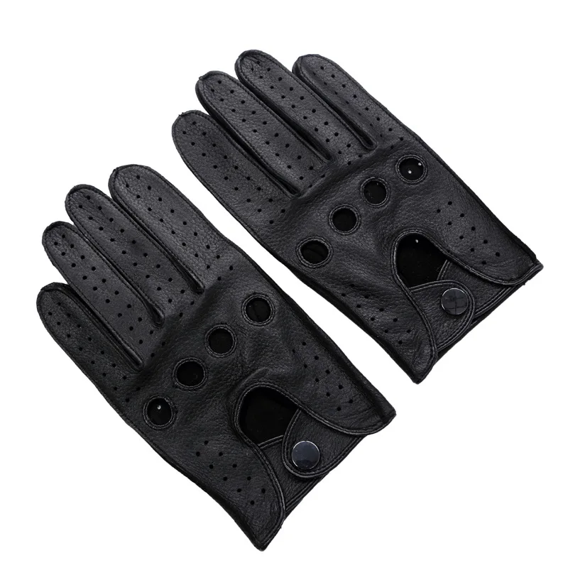 New Arrival Luxury Men Leather Gloves Mittens Hole Button Breathable Men Deerskin Genuine Leather Driving Gloves Male Mitten