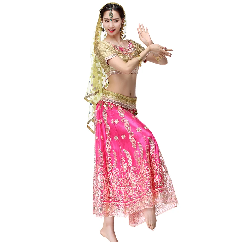 Halloween Christmas Women Belly Dance Outfits Indian Dance Hand-embroidered Bollywood Costume 4pcs Set (Top+Belt+Skirt+Sari)