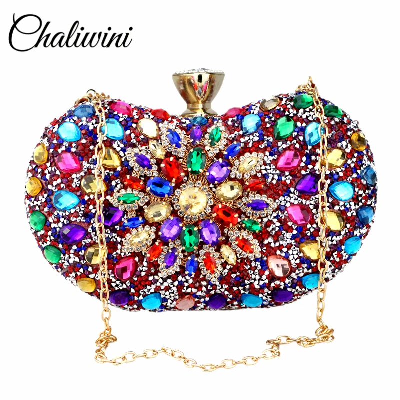 Chaliwini Evening Diamond Two Side Floral Woman Clutch Bag Multi Crystal Sling Package Wedding Purse Matching Wallet Handbags