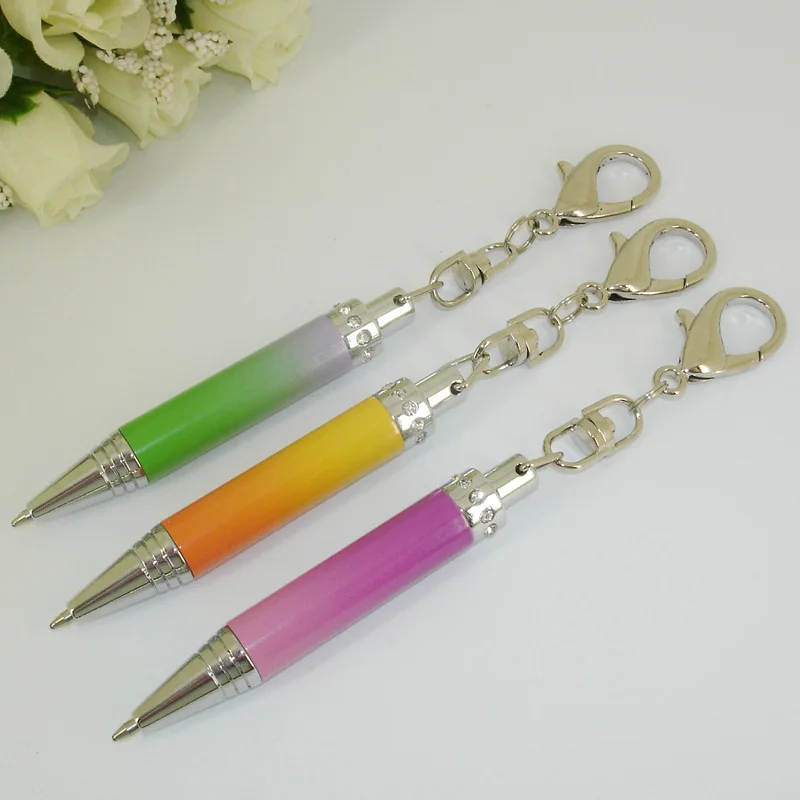 2pcs Graduate colors Mini Crystal Ball Pen 72mm length Stainless Steel with Key Ring Bag Ornaments Cute Short Pen for Wallet