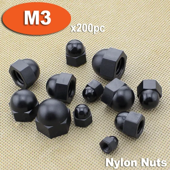 200pcs DIN1587 M3 Black Plastic Nylon Hex Hexagon ACORN Domed Cap Nuts