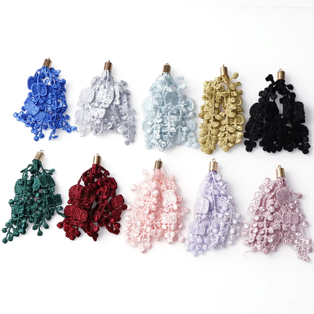 6pcs 66/68mm 2Size Mix Flower Tassels Floral Pendant Crochet Fabric Charm Drop Earring Tassel for Jewelry DIY Graft Making