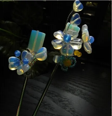 Opal Flower Pair Hair Sticks Jiao Xiao Also Pinchcock Classical Hair Stick Vintage Jewelry Hanfu Costume Hair Accessory