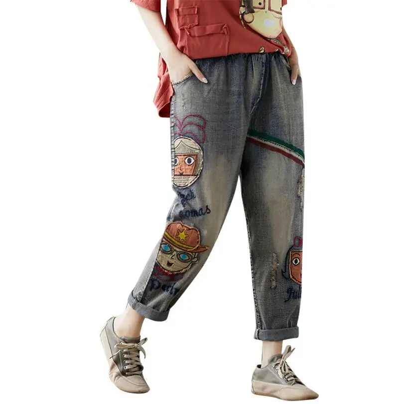 2018 National Wind Cartoon embroidery Patch Retro Loose Casual Denim Trousers harem Pants Female Literary r311