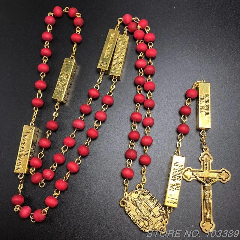 6*7mm red maple wood bead rosary, scented religious necklace, with FATIMA and the five mysteries connector