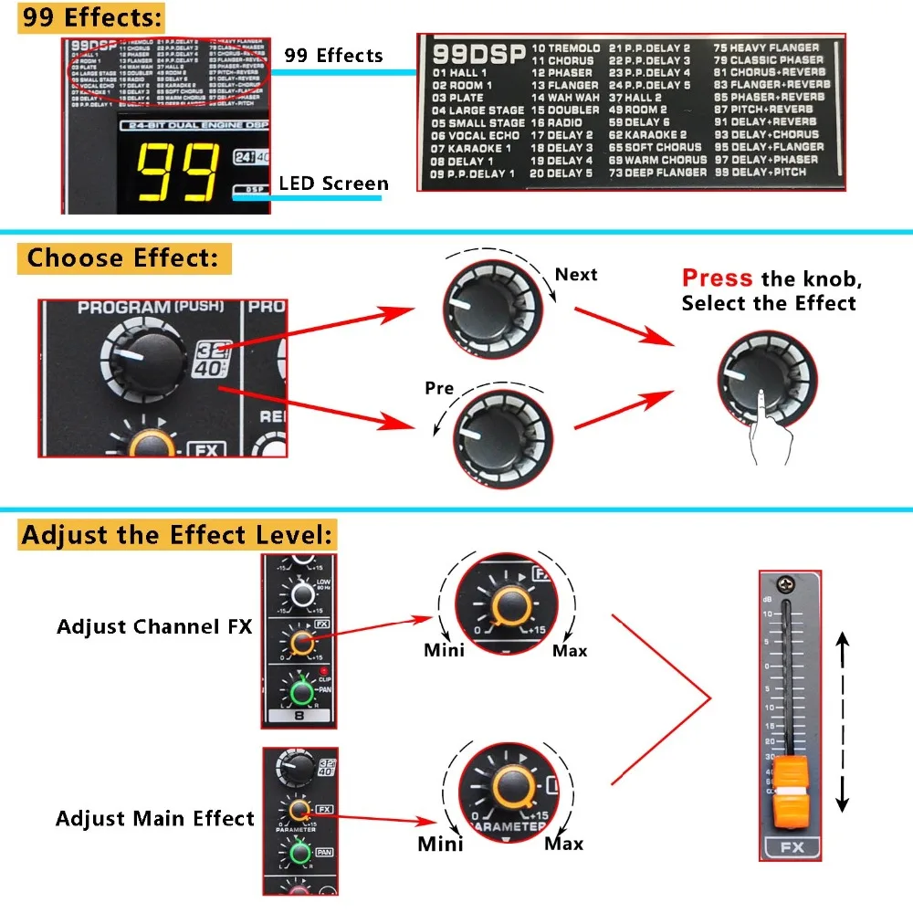 Freeboss MINI8 8 Channels (Mono) Mixing Console with Bluetooth Record 99 DSP effect USB Function Professional Audio Mixer