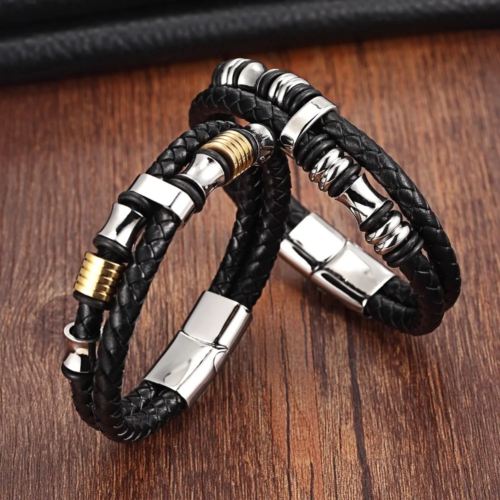 

XQNI Black Leather Bracelet Double Layer with 316L Stainless Steel Special Design Jewelry Accessories Bangle & Bracelet for Men
