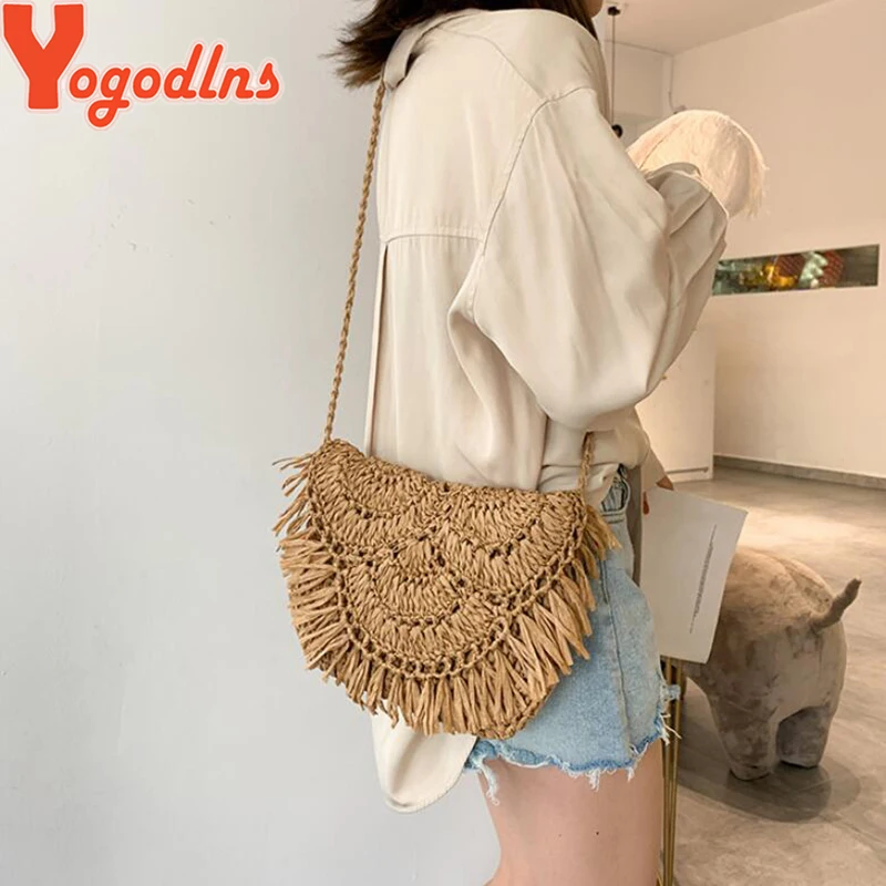 Yogodlns Newest Hot Summer Women Tassels Straw Rattan Wicker Weave Shoulder Bags Handbag Flap Ladies Holiday Beach Crossbody Bag