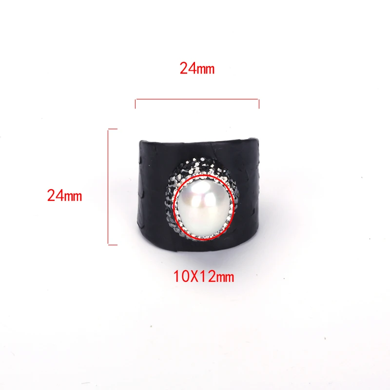Luxury Freshwater Pearl Bead Charm Pave Rhinestone Hot Pink Black Navy Blue Grey Snake Leather Adjustable Open Rings Cuff Women