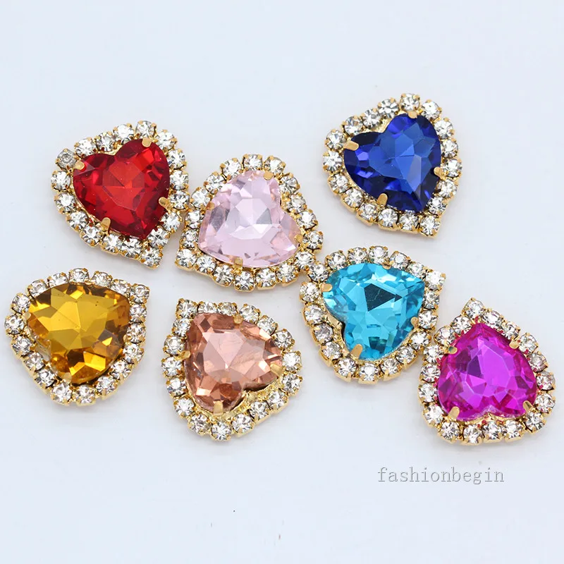 8/10/12/18 color heart shape crystal glass stone sew on flatback rhinestone chain trim Gold setting Craft clothes jewelry making