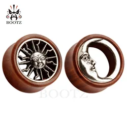 KUBOOZ 2PCS Asymmetric Wood Ear Piercing Tunnel Earrings Moon Sun Plugs Stretcher Fashion Body Jewelry Gauges Gift Women Men