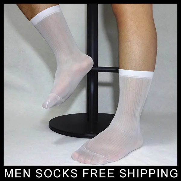 Mens Nylon Silk Socks Sheer Thin Formal Dress Socks Sexy Transparent Striped Socks High Quality Elastic Socks Black White Navy