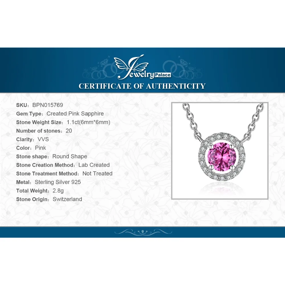 JewelryPalace Round 1.1ct Created Pink Sapphire 925 Sterling Silver Pendant Necklace for Women Trendy Gemstone Fine Jewelry 45cm