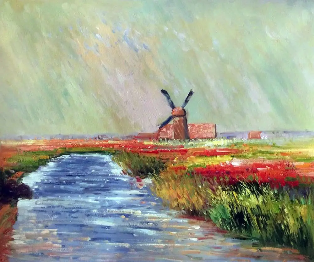 

Handpainted Claude Monet Art Tulip Field in Holland Painting on Canvas Landscape Wall Art Home Decoration for Living Room