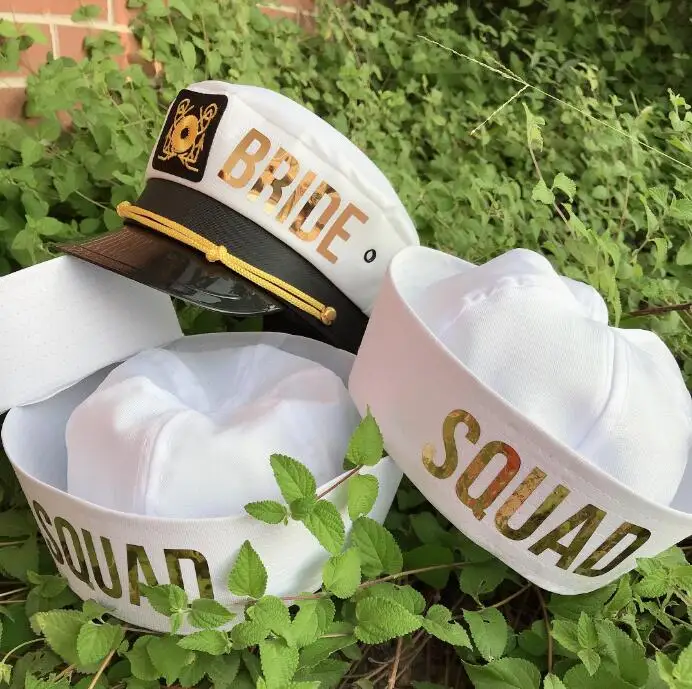 set of 7 wedding bridesmaid Nautical sailor  bride hats marina Captains hats cruise Bachelorette birthday Lets Get Nauti CAPS