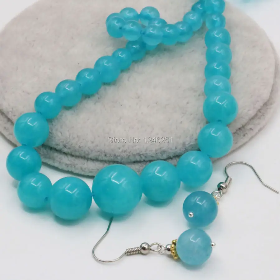 6-14mm Shining Blue Amazonite Lucky Stone Tower Necklace Chain Earring Sets Round Beads Jewelry Making Gifts Accessories 18inch