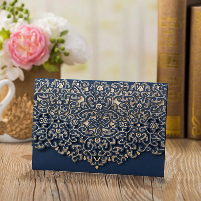 

100pcs Gold White Blue Red Laser Cut Luxury Flora Wedding Invitation Card Lace Favor Print Envelopes Wedding Party Decoration