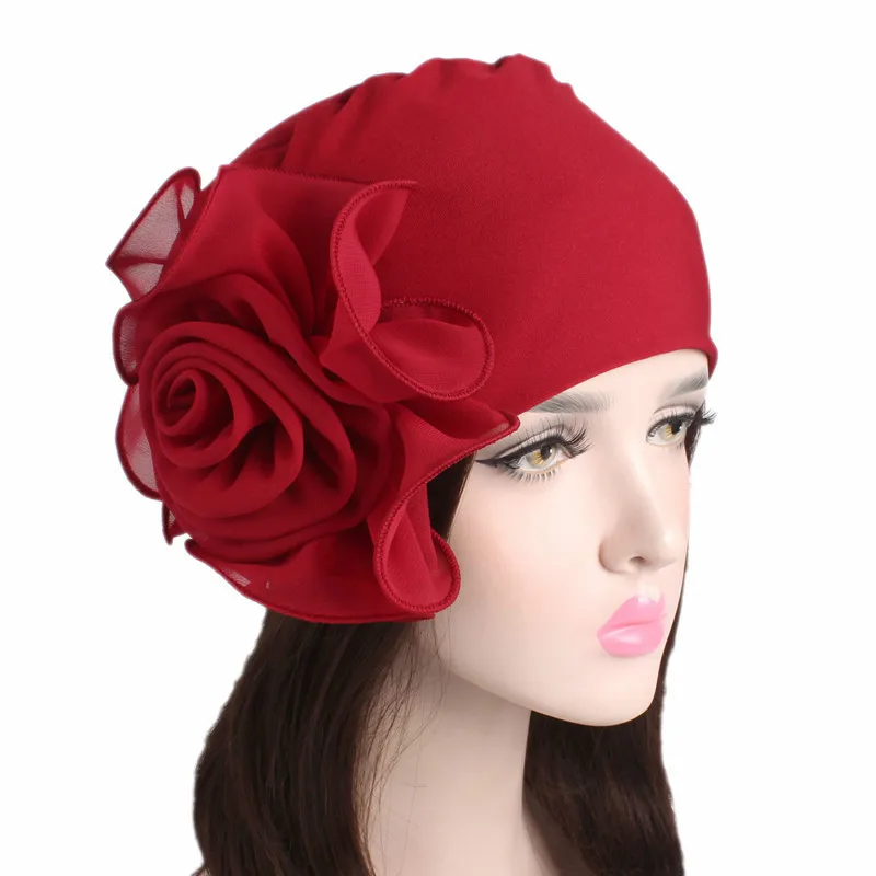 New Woman Beautiful Flower Turban Elastic Cloth Head Cap Hat Ladies Hair Accessories Muslim Women\'s Hijabs Scarf Cap