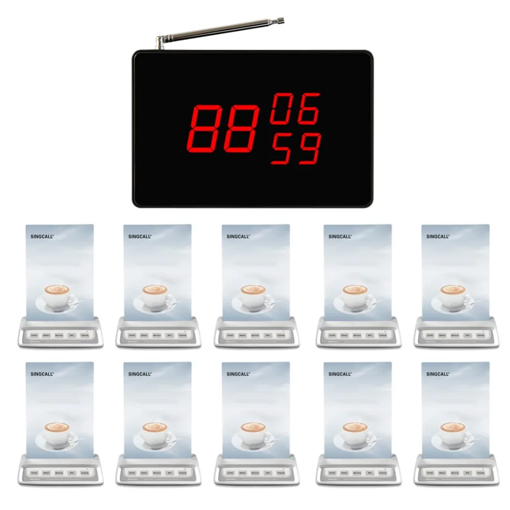 SINGCALL Wireless Calling System 1 Small Screen Receiver and 10 Waterproof Table Call Button with 5 Options for Bar Cafe Hotel