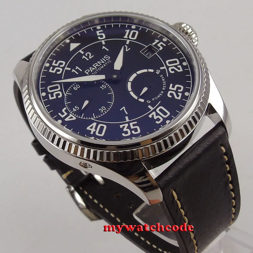 45mm Parnis black dial date power reserve ST2530 Automatic Movement Mens Watch